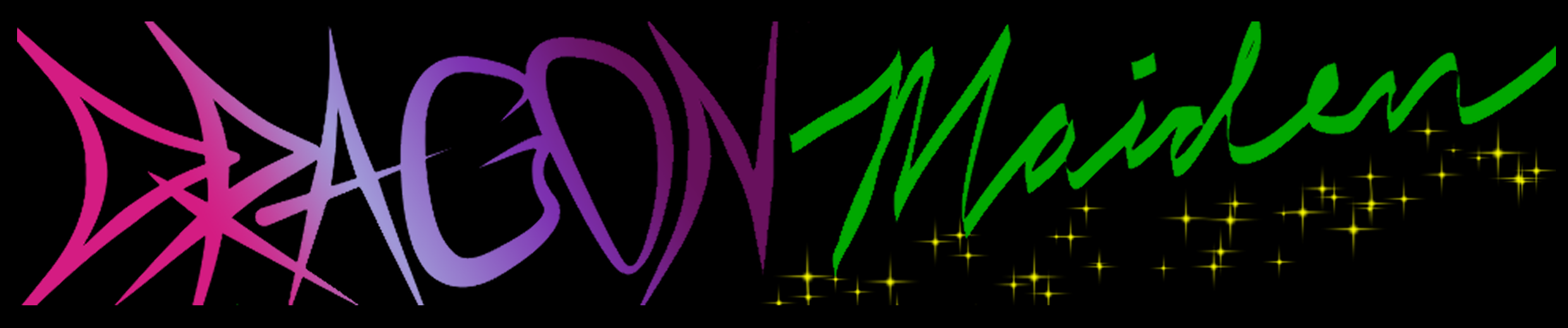 the words dragon, drawn in a way that a dragon would write english with a purple and pink gradient, and Maiden written in cursive and green with yellow sparkles underneath.