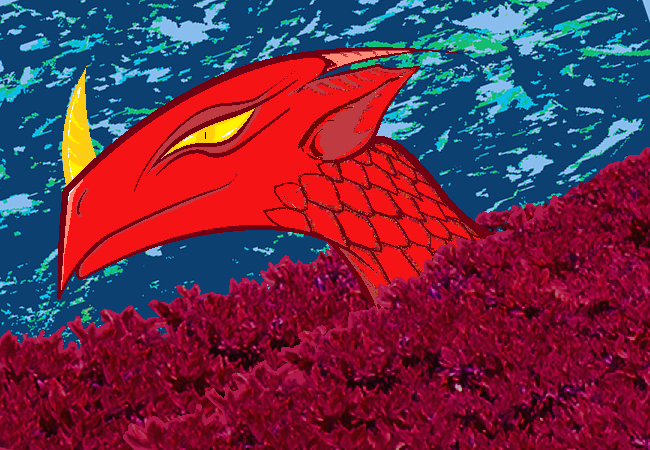 A bright red dragon with yellow eyes and a yellow horn on it's nose peaks out of 
        a maroon colored bush on top of a dark blue, light blue, and green abstract background.