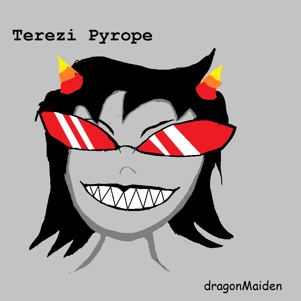 A portrait of a grey troll with short pointy candy corn horns on the top of her head, short messy black hair and 
        wearing red sunglasses. 
        The light hits her sunglasses giving it white highlights on the lenses. 
        This implys or creates the idea of glare.